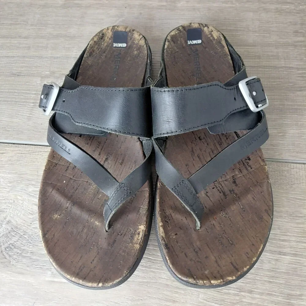 Merrell Sandals Womens 7 Black Leather Around Town Buckle Strappy Beach Thong